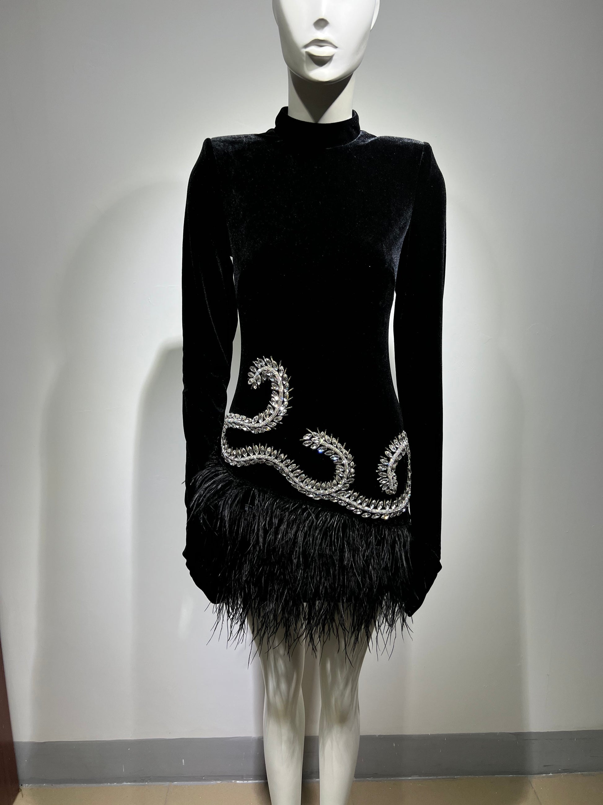 Black Velvet Feather Ball Gown - Ball Gowns - DINIBLO 