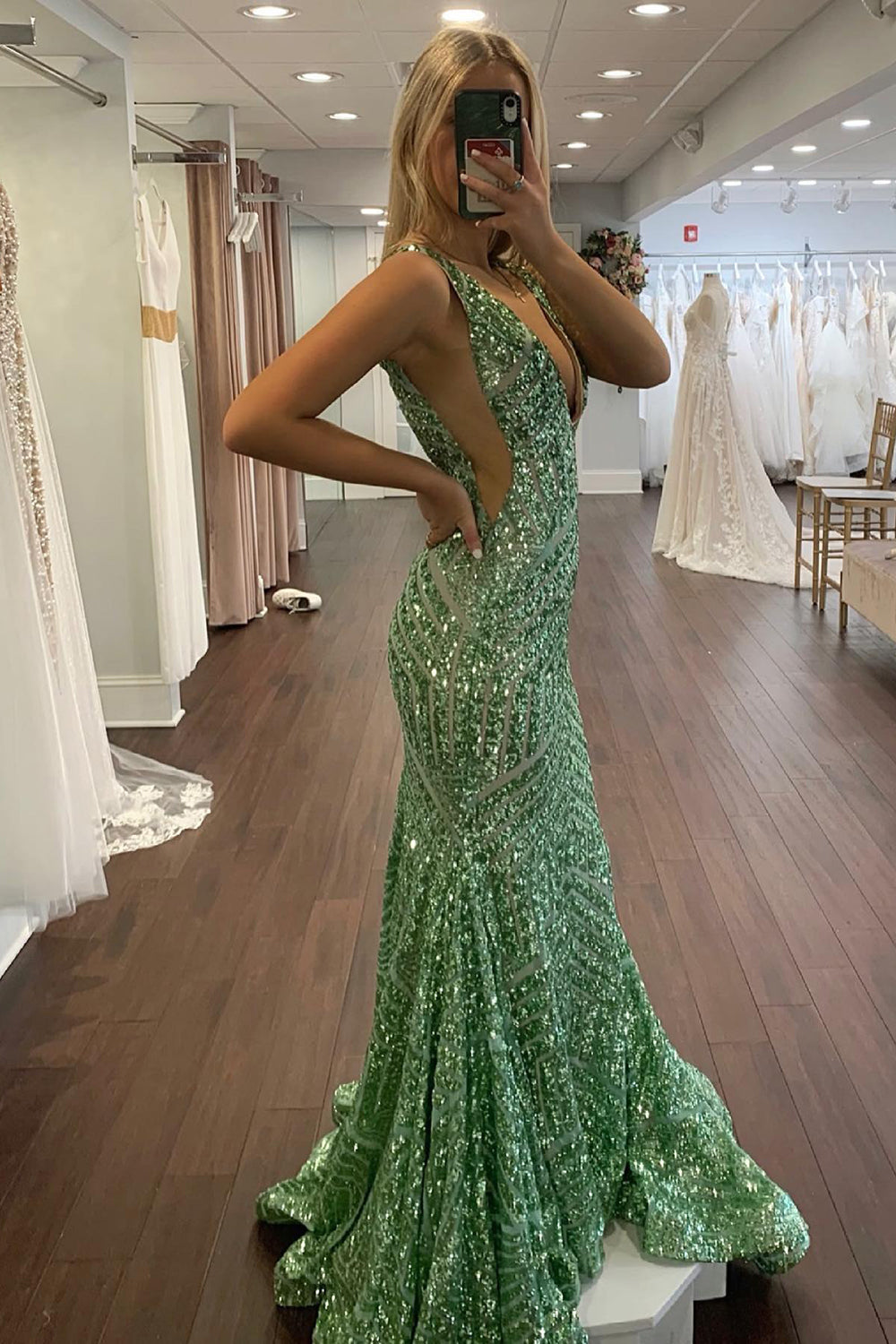 Nina |Mermaid Deep V Neck Sequins Prom Dress - Prom Dress - DINIBLO 