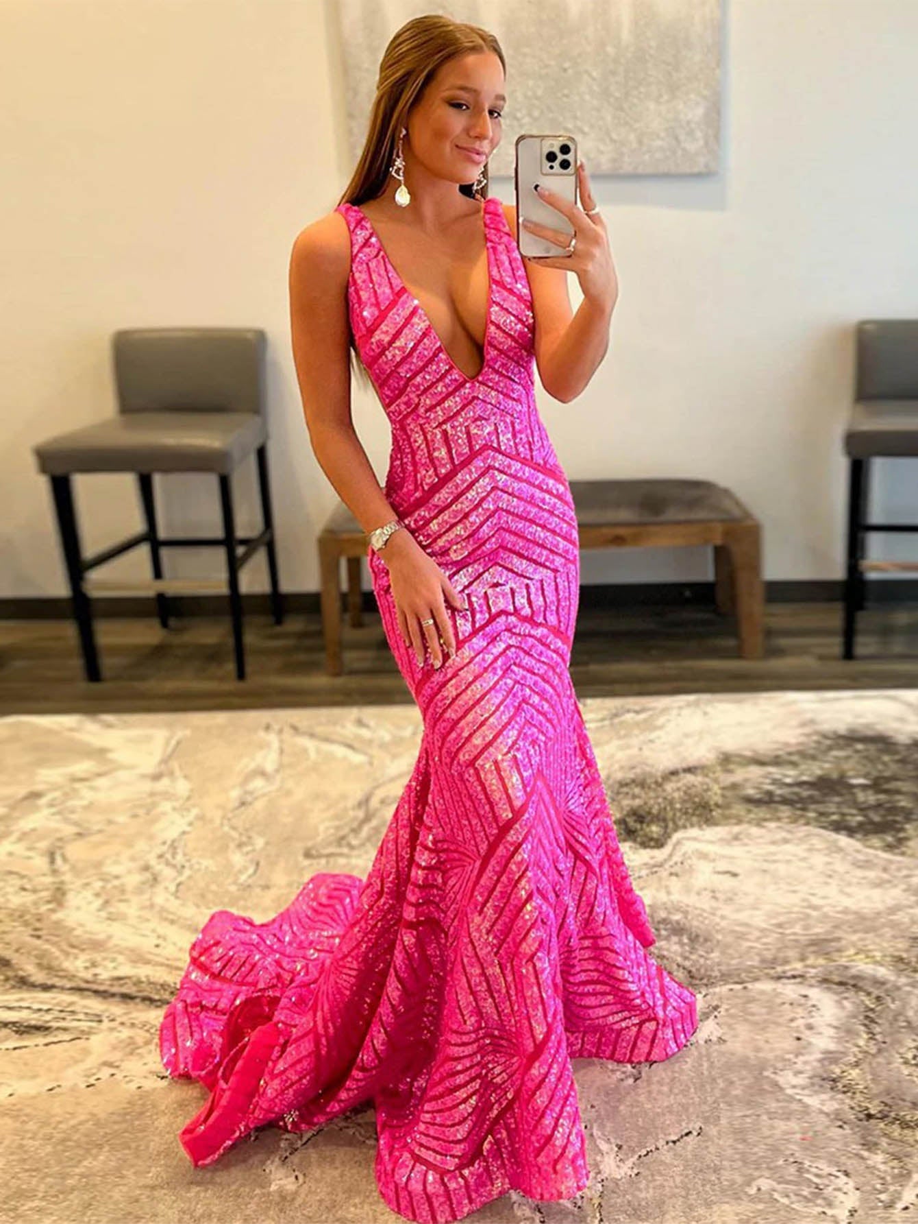 Nina |Deep V Neck Pink Sequins Mermaid Long Prom Dress - Prom Dress - DINIBLO 