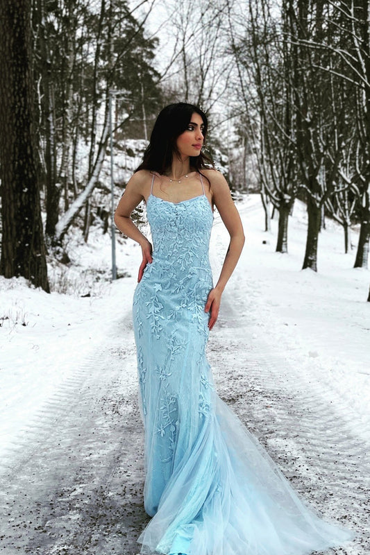 Blue Mermaid Spaghetti Straps Criss Cross Back Long Prom Dress - Prom Dress - DINIBLO 