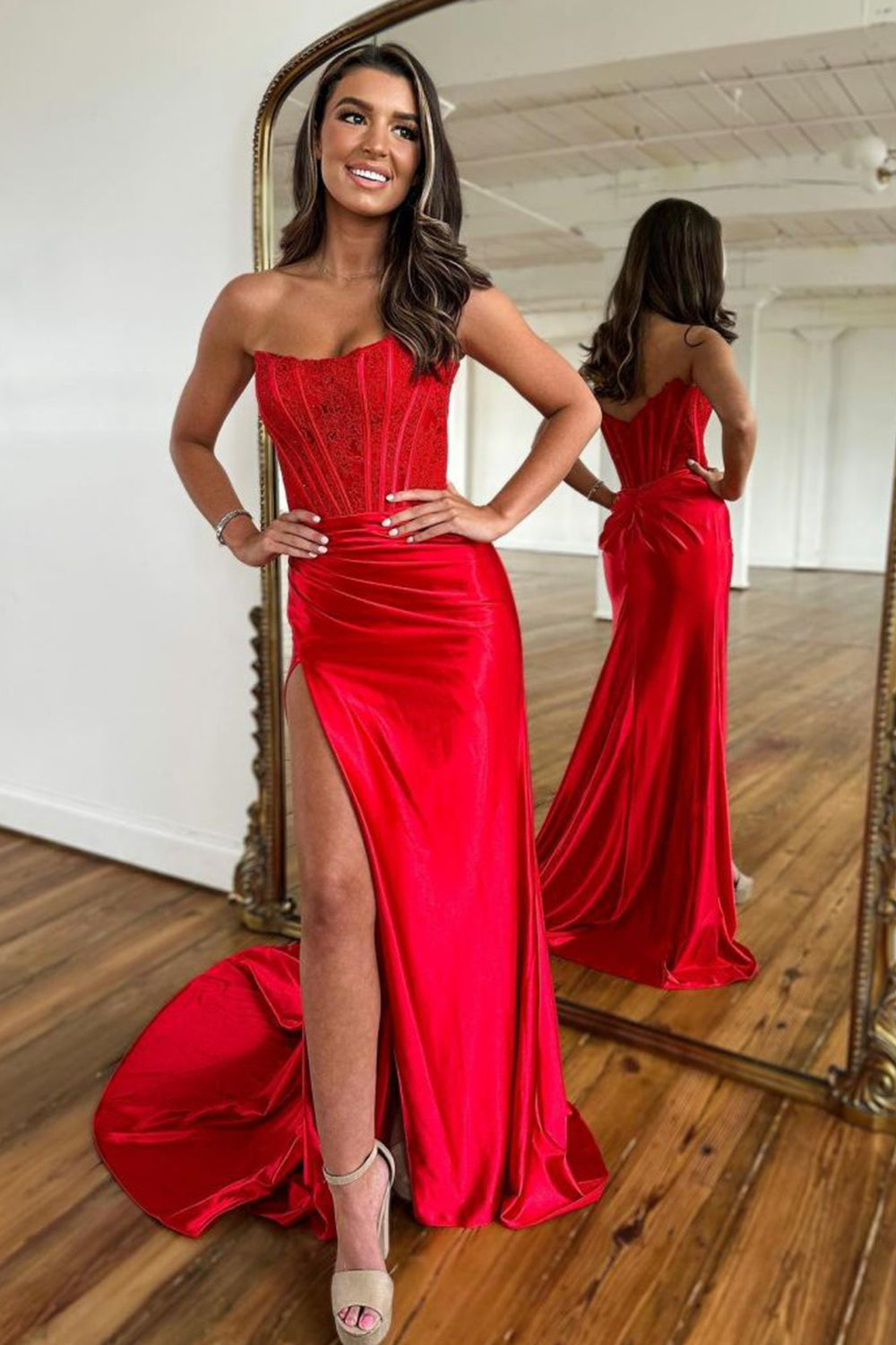 Arielle |Sheath Strapless Corset Satin Prom Dress with Slit - Prom Dress - DINIBLO 