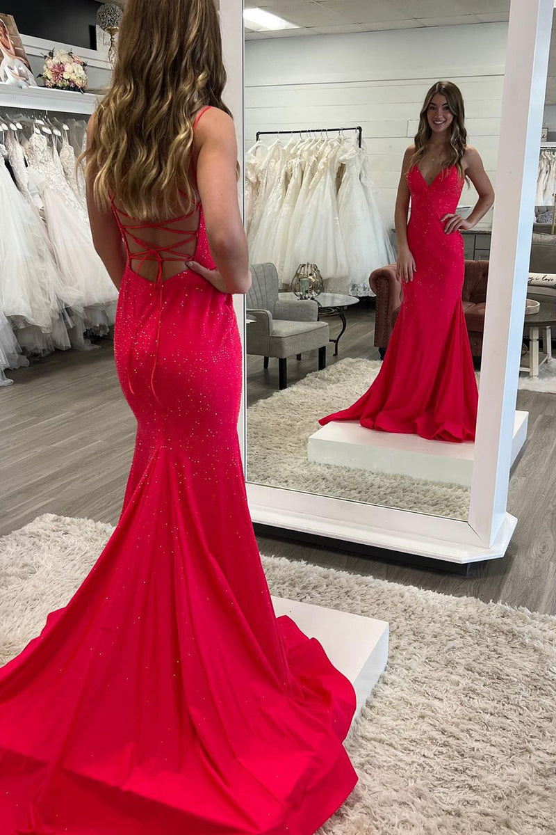 Lilly |Sparkly Mermaid V Neck Beaded Satin Long Prom Dress - Prom Dress - DINIBLO 