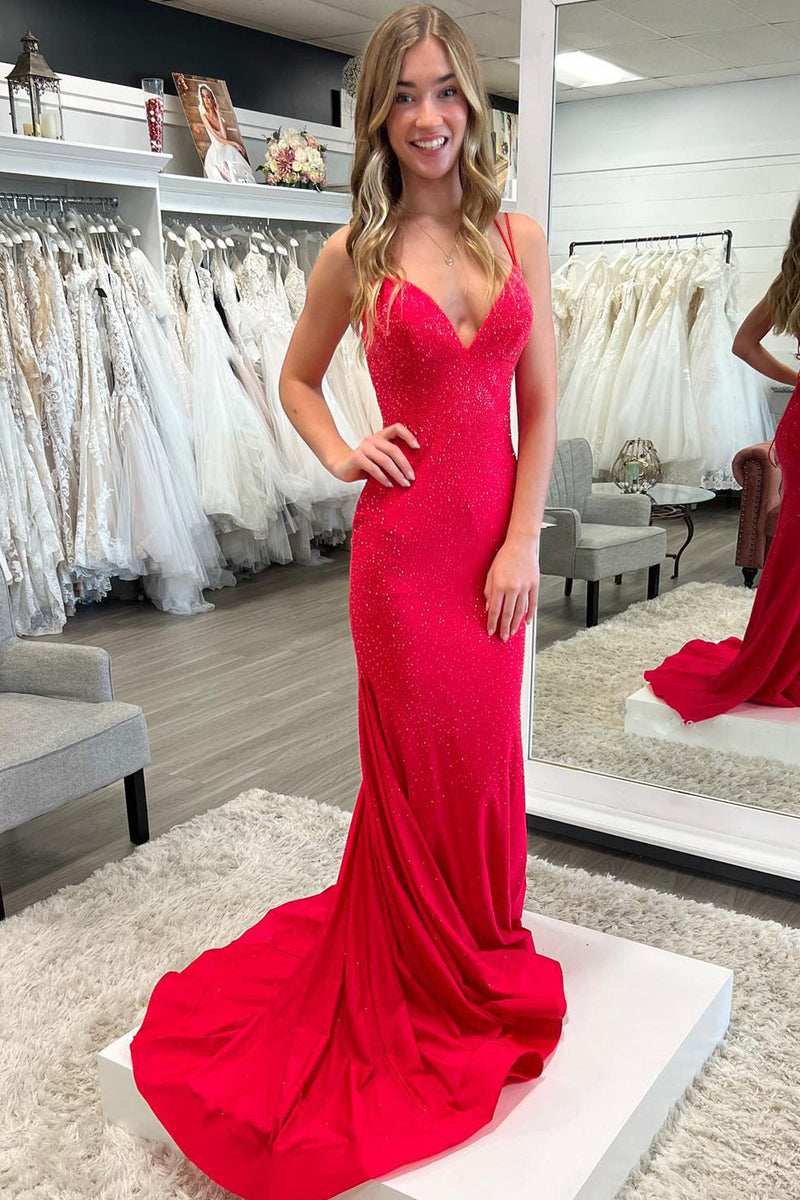 Lilly |Sparkly Mermaid V Neck Beaded Satin Long Prom Dress - Prom Dress - DINIBLO 