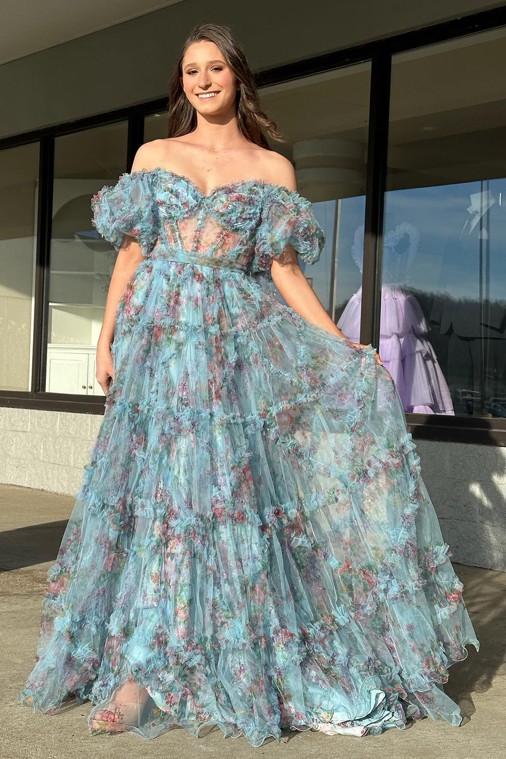 Sydney |A Line Off The Shoulder Floral Tulle Prom Dress - Prom Dress - DINIBLO 