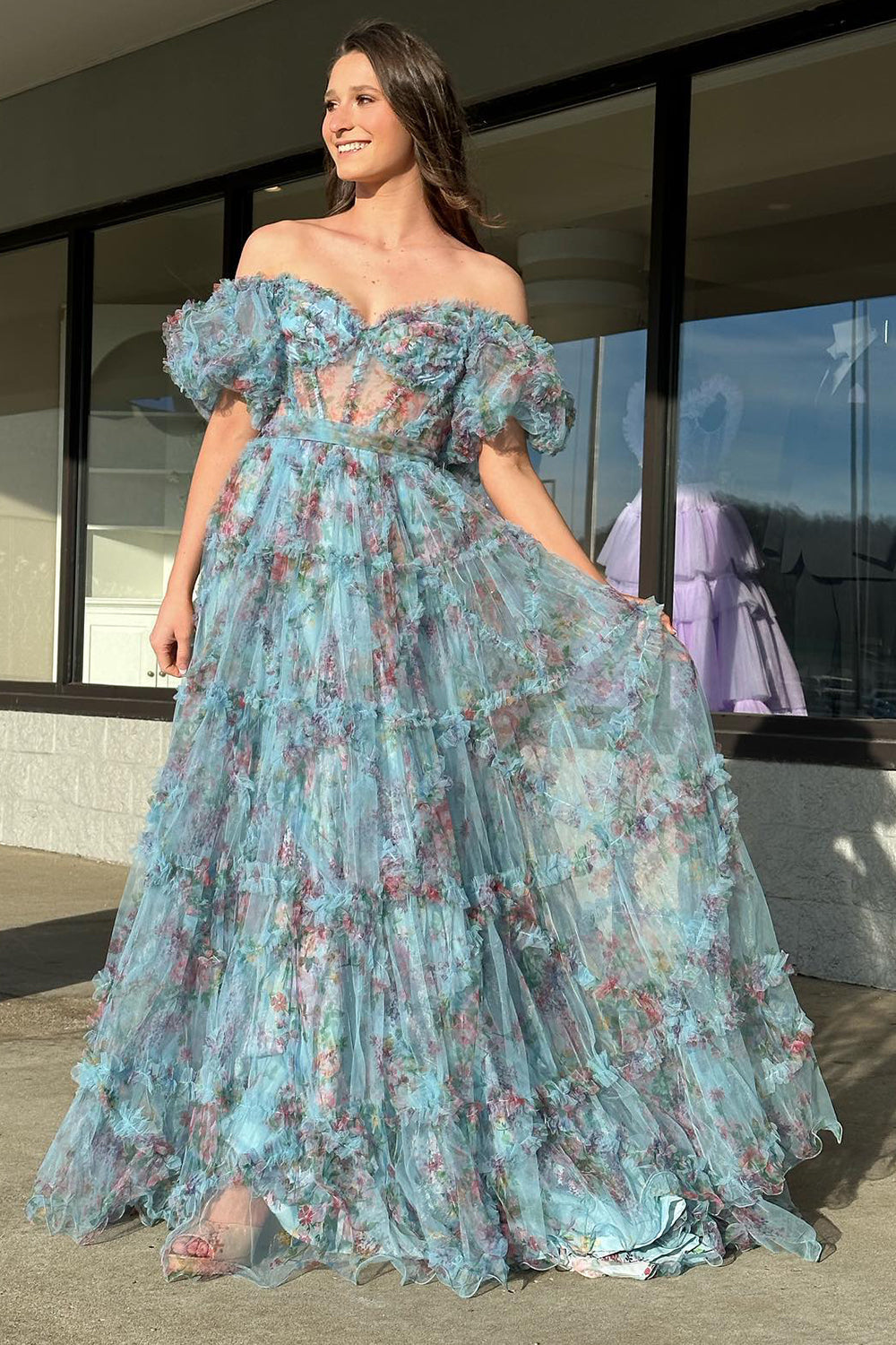 Sydney |A Line Sweetheart Printed Tulle Long Prom Dress - Prom Dress - DINIBLO 