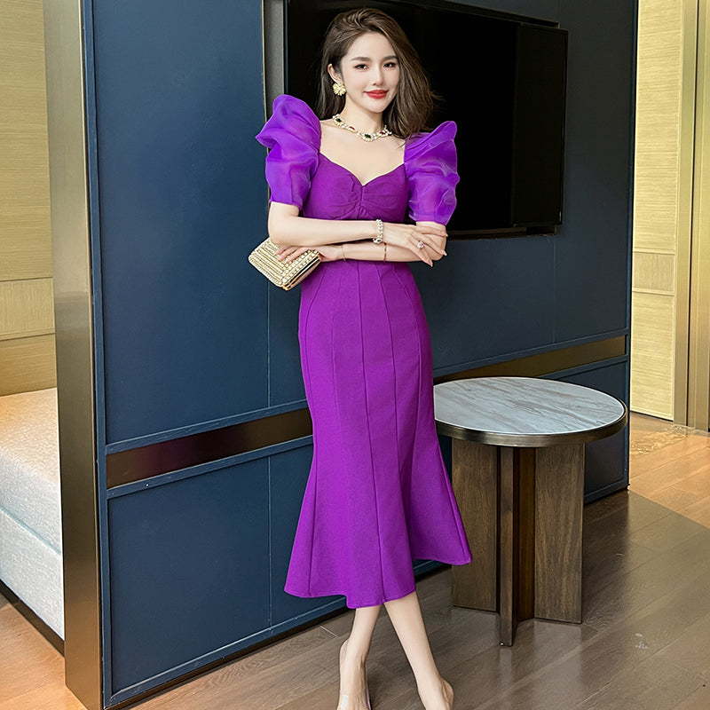 Pleated Puff Sleeve Purple Ball Gown - Dresses - DINIBLO 