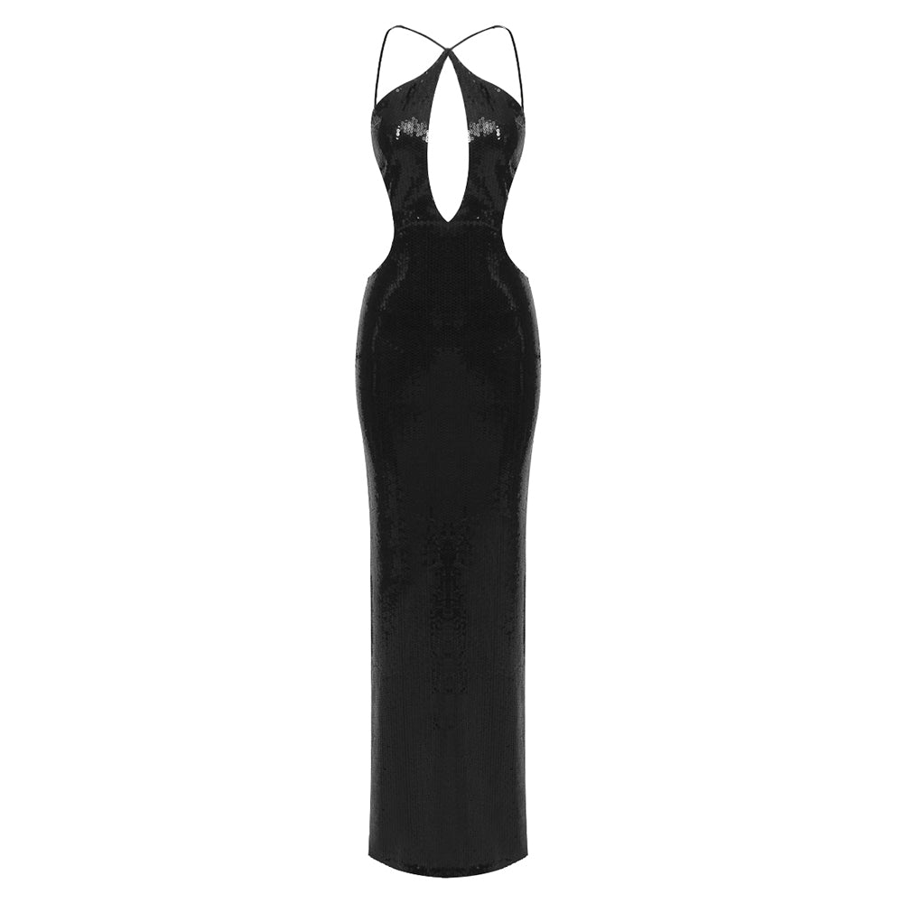 Black Sequin Backless Maxi Dress - Dresses - DINIBLO 