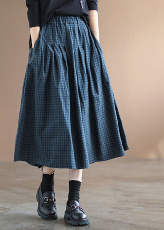 Handmade Blue Plaid Elastic Waist Pockets Fall Skirt - Skirts - DINIBLO 