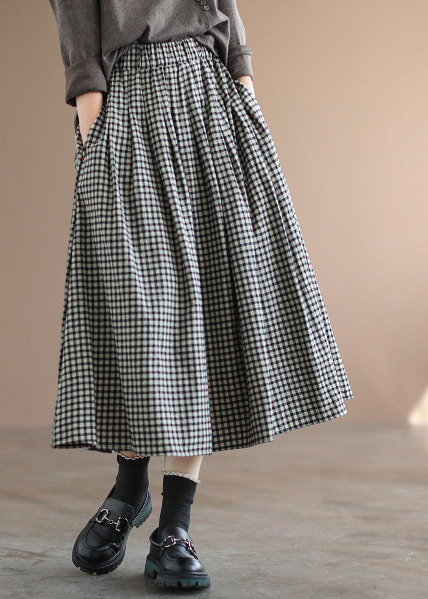 Handmade Blue Plaid Elastic Waist Pockets Fall Skirt - Skirts - DINIBLO 