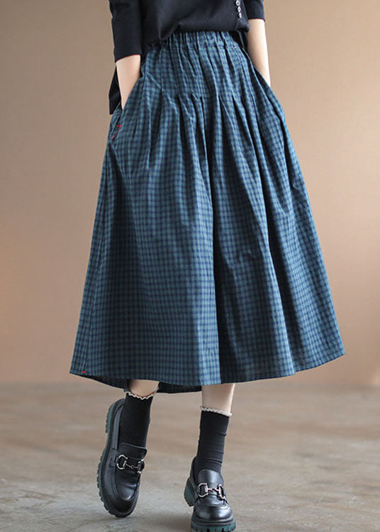 Handmade Blue Plaid Elastic Waist Pockets Fall Skirt - Skirts - DINIBLO 