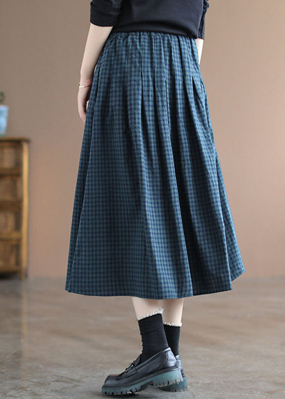 Handmade Blue Plaid Elastic Waist Pockets Fall Skirt - Skirts - DINIBLO 