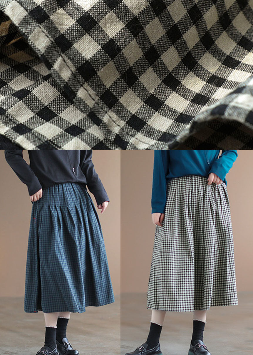 Handmade Blue Plaid Elastic Waist Pockets Fall Skirt - Skirts - DINIBLO 