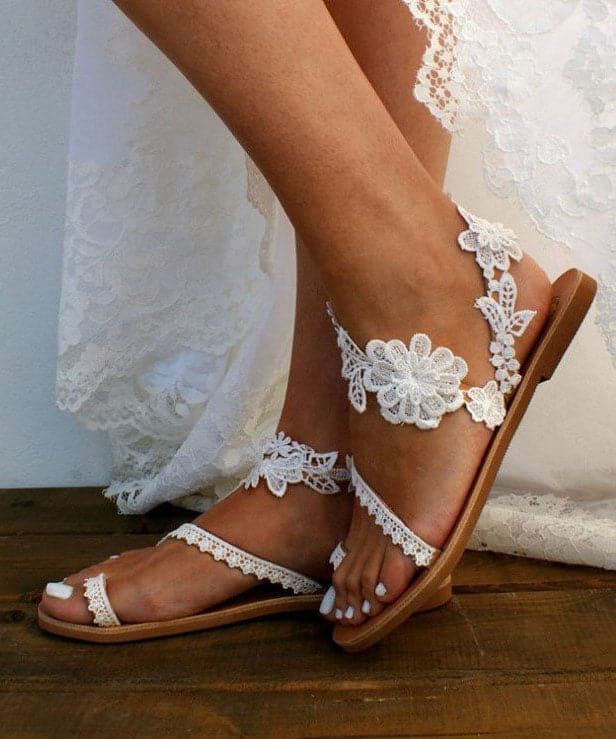 Handmade White Lace Fabric Walking Sandals Cross Strap Flats Sandals - Sandals - DINIBLO 