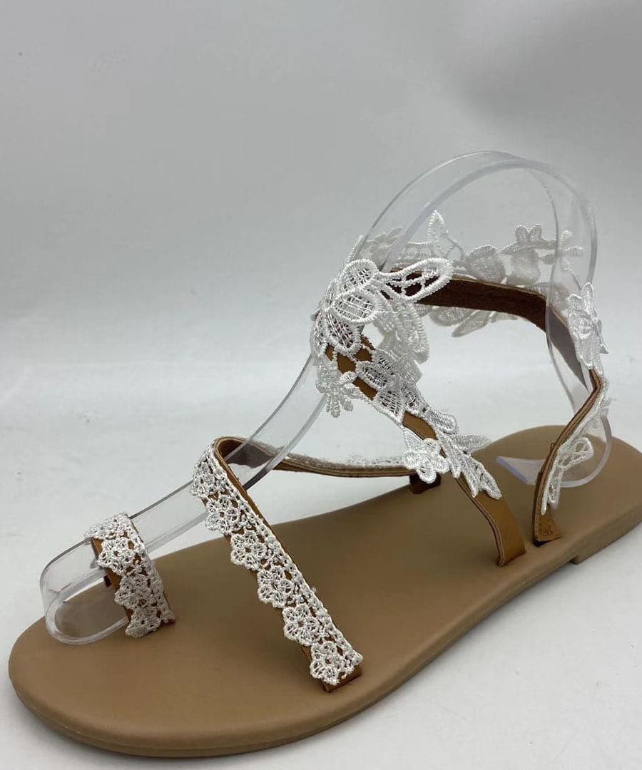 Handmade White Lace Fabric Walking Sandals Cross Strap Flats Sandals - Sandals - DINIBLO 