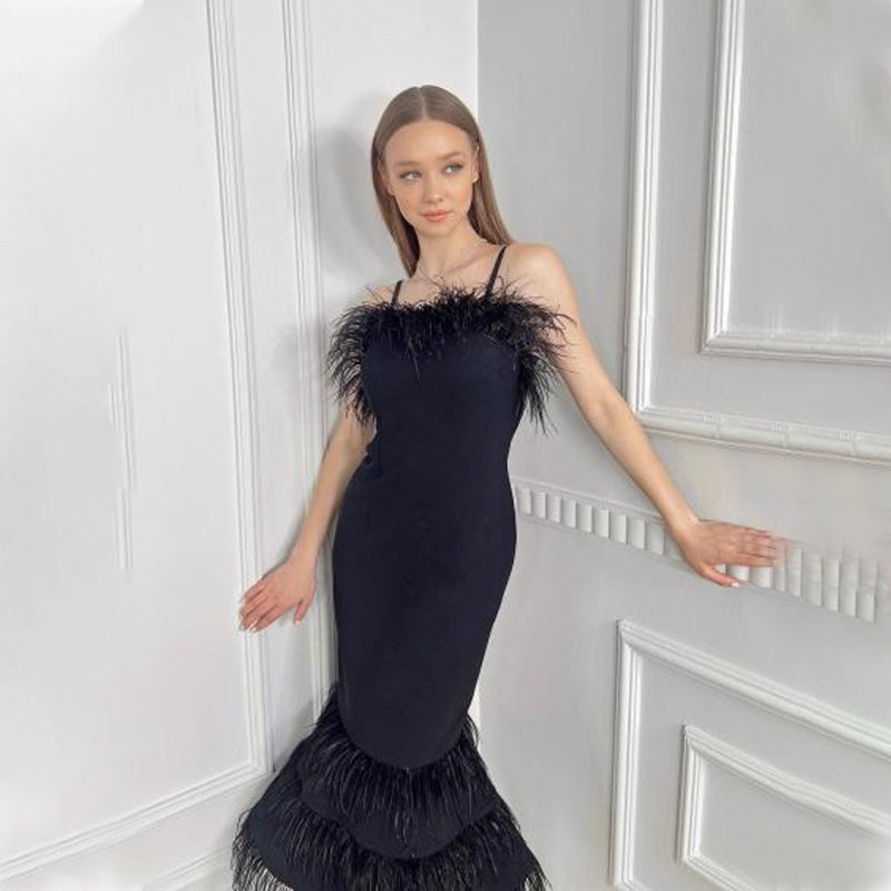 Midi Elegant Feather Dress - Dresses - DINIBLO 