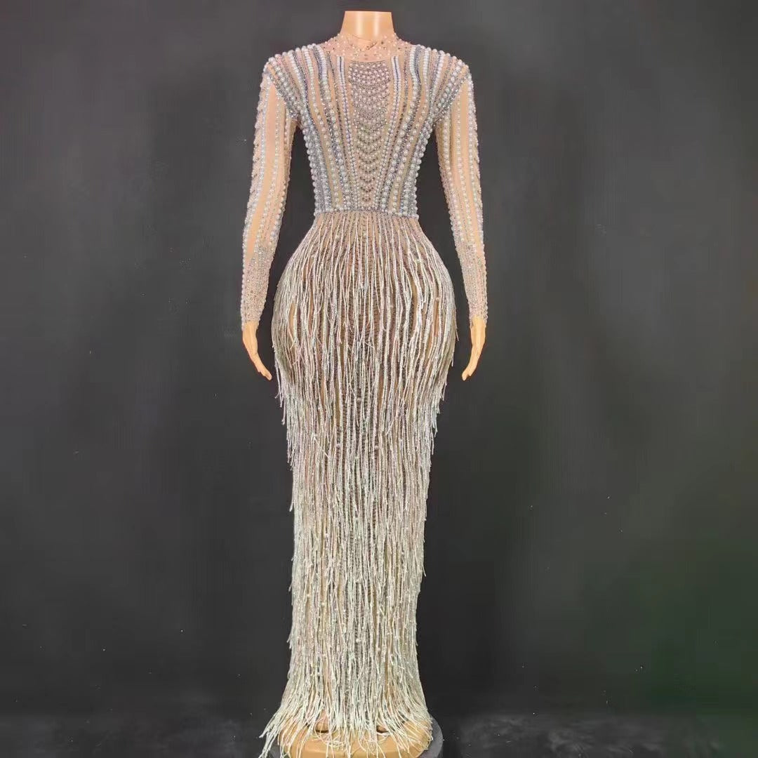 Pearl Fringe Bodycon Mesh Dress Handmade - Dresses - DINIBLO 