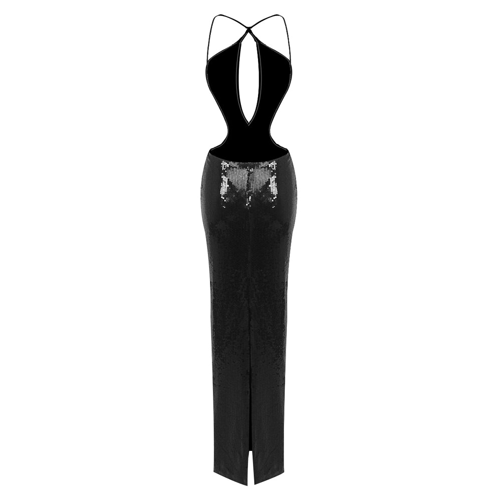 Black Sequin Backless Maxi Dress - Dresses - DINIBLO 