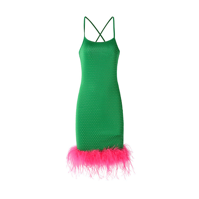 Elegant Green Feather Bodycon Mini Dress - Dresses - DINIBLO 