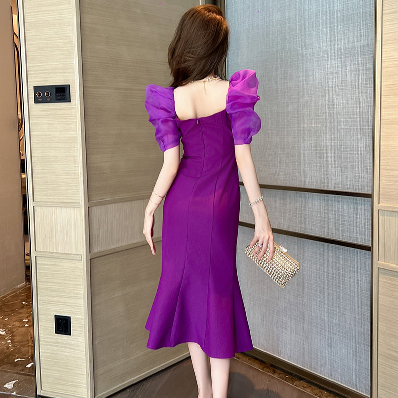 Pleated Puff Sleeve Purple Ball Gown - Dresses - DINIBLO 