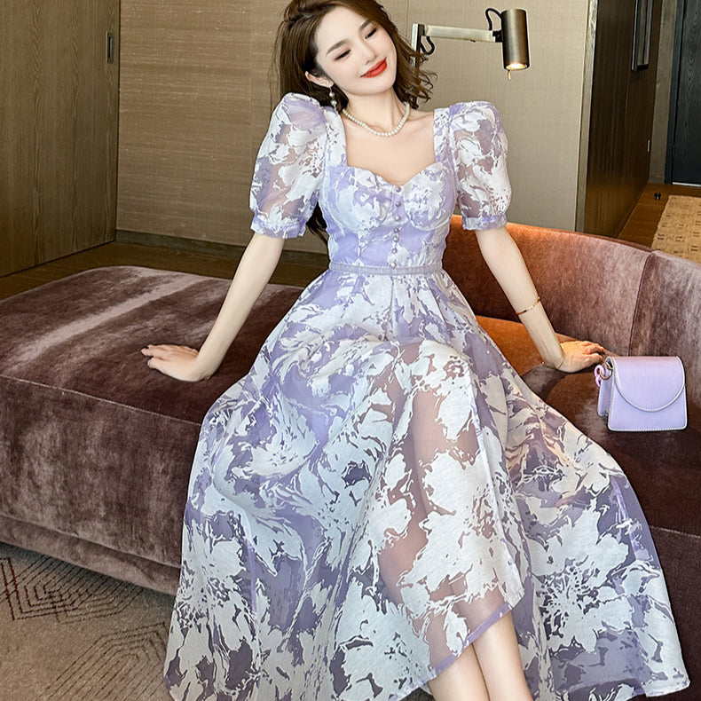 Purple Floral Puff Sleeve Midi Dress -  - DINIBLO 