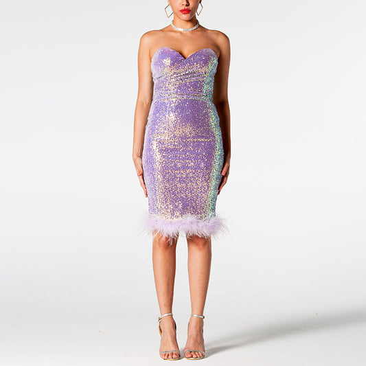 Strapless Sparkle Sequin Feather Dress - Dresses - DINIBLO 