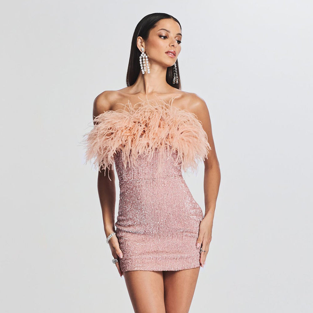 Chic Pink Feather Mini Dress - Dresses - DINIBLO 