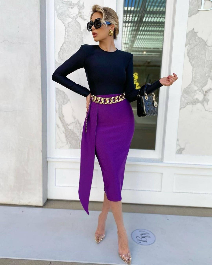 Black and Purple Bodycon Midi Dress -  - DINIBLO 