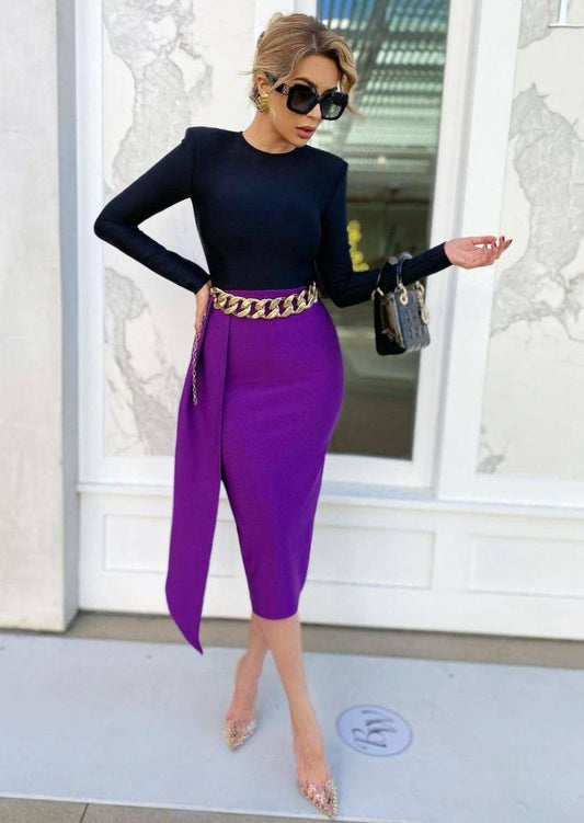 Black and Purple Bodycon Midi Dress -  - DINIBLO 