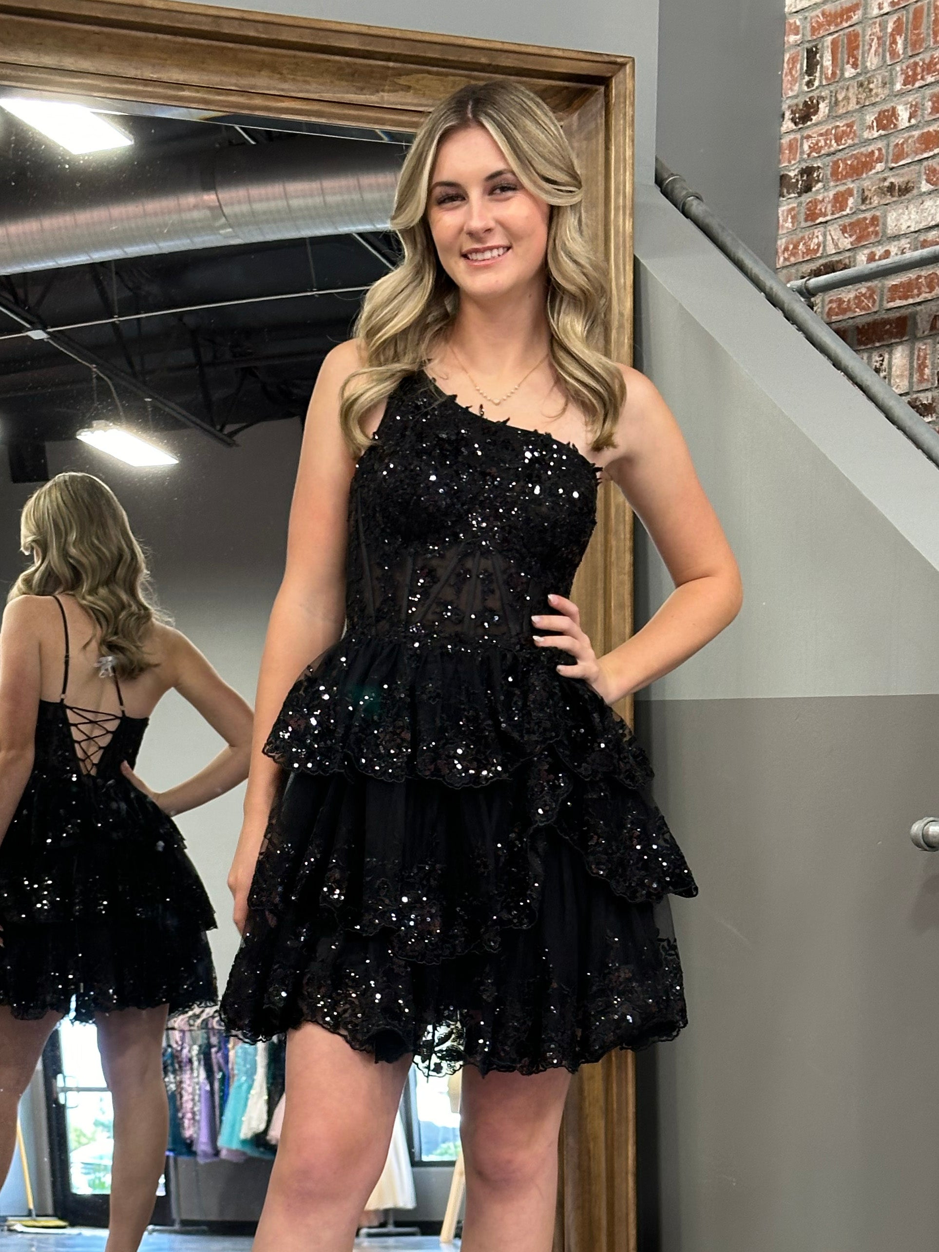 Emma | A Line One Shoulder Navy Tiered Lace Short Homecoming Dress - Cocktail Dress - DINIBLO 