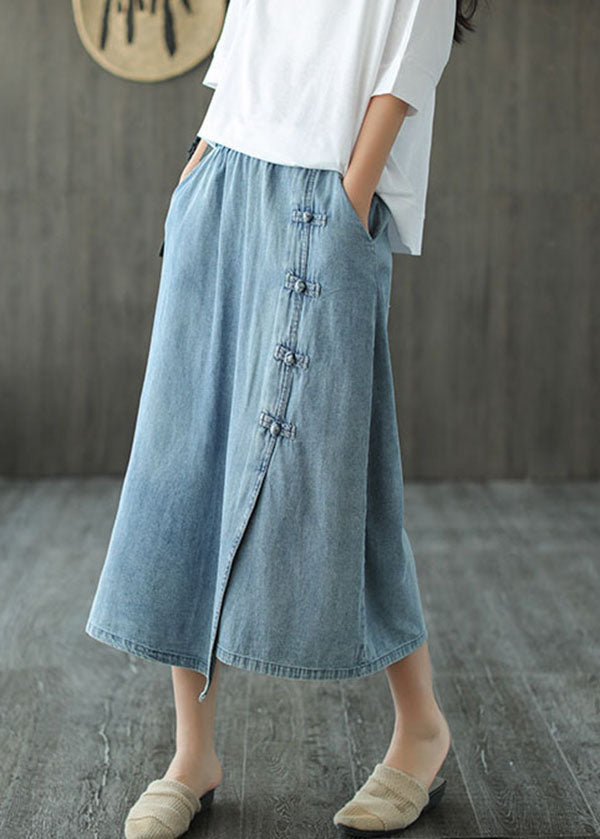 Italian Denim Blue Elastic Waist Asymmetrical Oriental Button Cotton Skirt Summer - Skirts - DINIBLO 