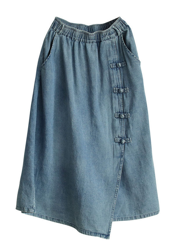 Italian Denim Blue Elastic Waist Asymmetrical Oriental Button Cotton Skirt Summer - Skirts - DINIBLO 