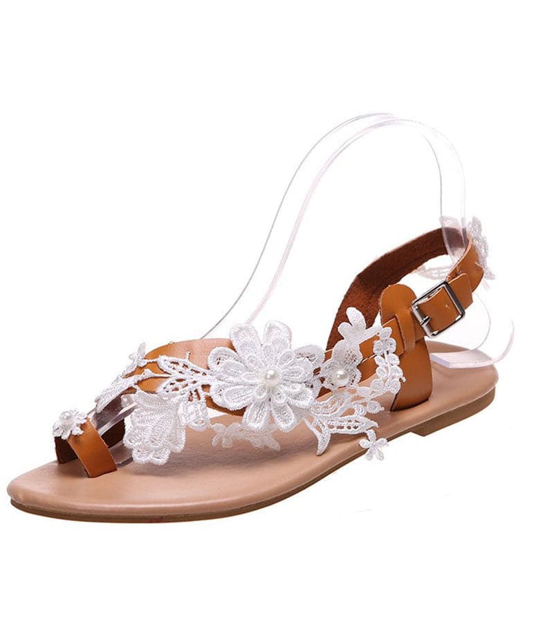 Light Brown Flat Sandals Lace Fabric Fine Peep Toe Walking Sandals - Sandals - DINIBLO 