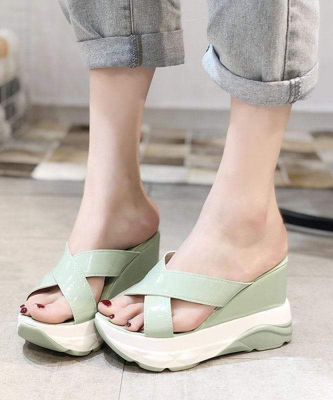 Light Green Faux Leather Wedge Thong Sandals - Slide Sandals - DINIBLO 