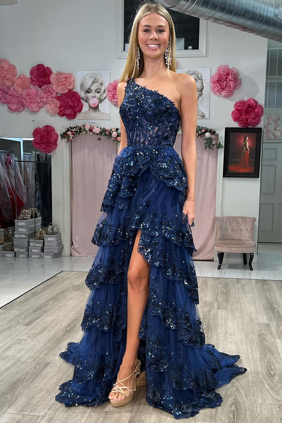 Livia |Sheath One Shoulder Tiered Lace Long Prom Dress - Prom Dress - DINIBLO 