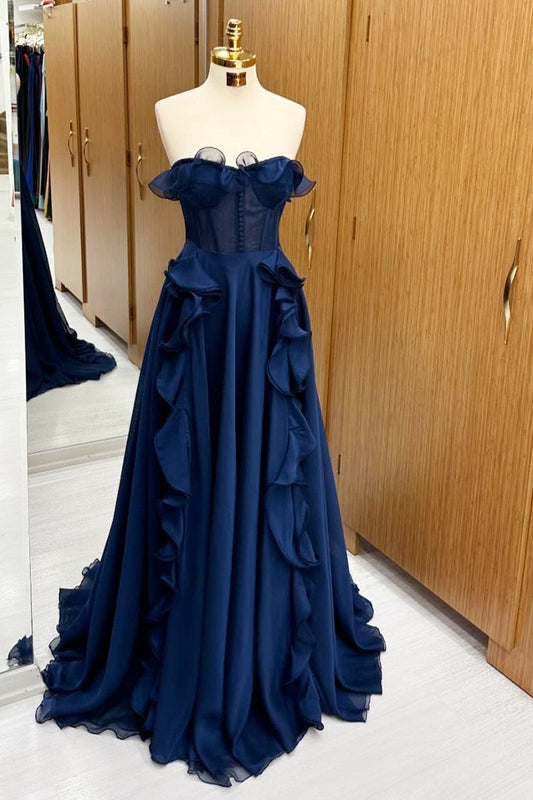 Navy Blue Corset Ruffle Maxi Dress - Prom Dress - DINIBLO 