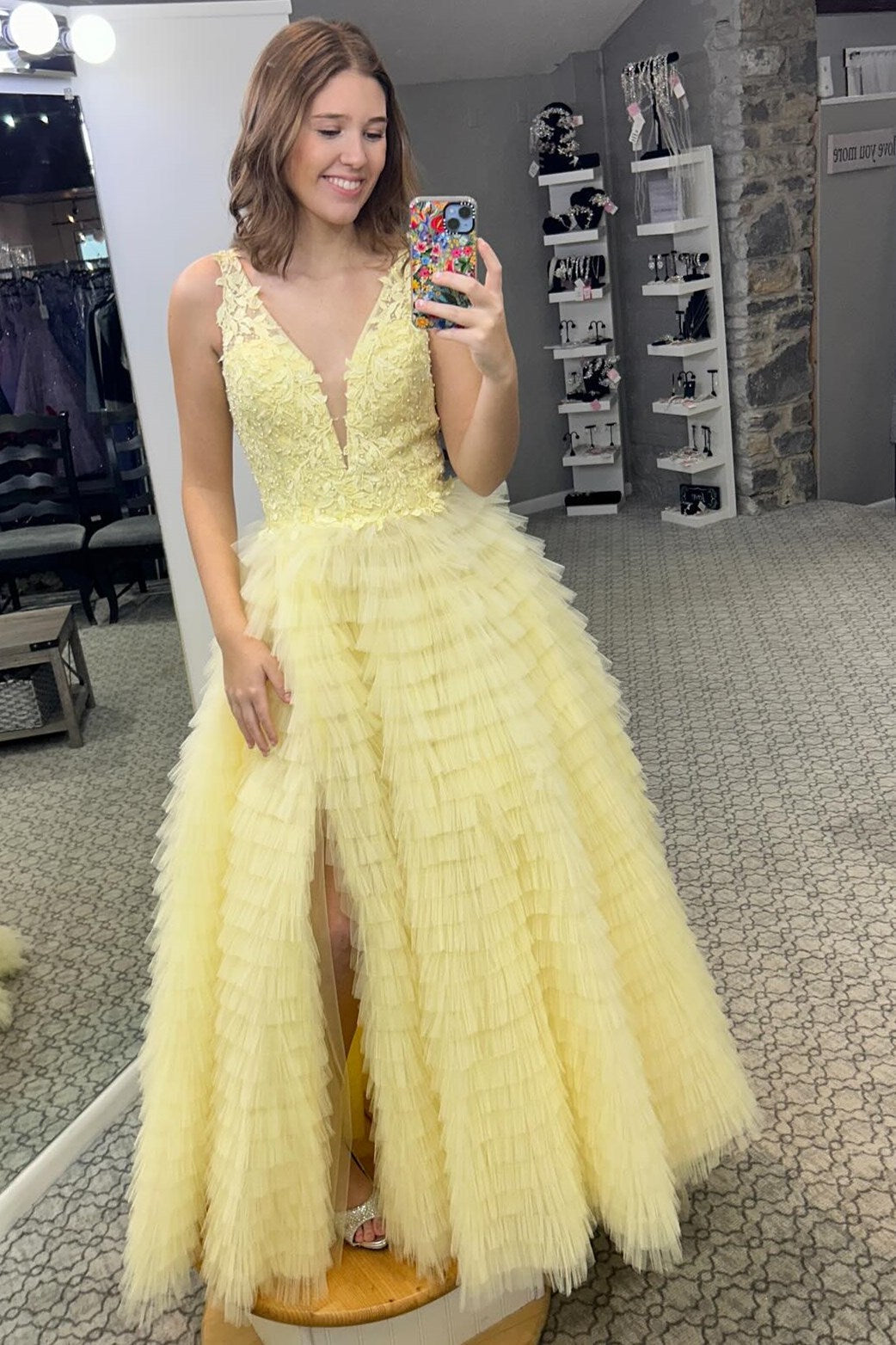 Yellow Plunge V Ruffle Tiered Long Prom Dress with Slit - Prom Dresses - DINIBLO 