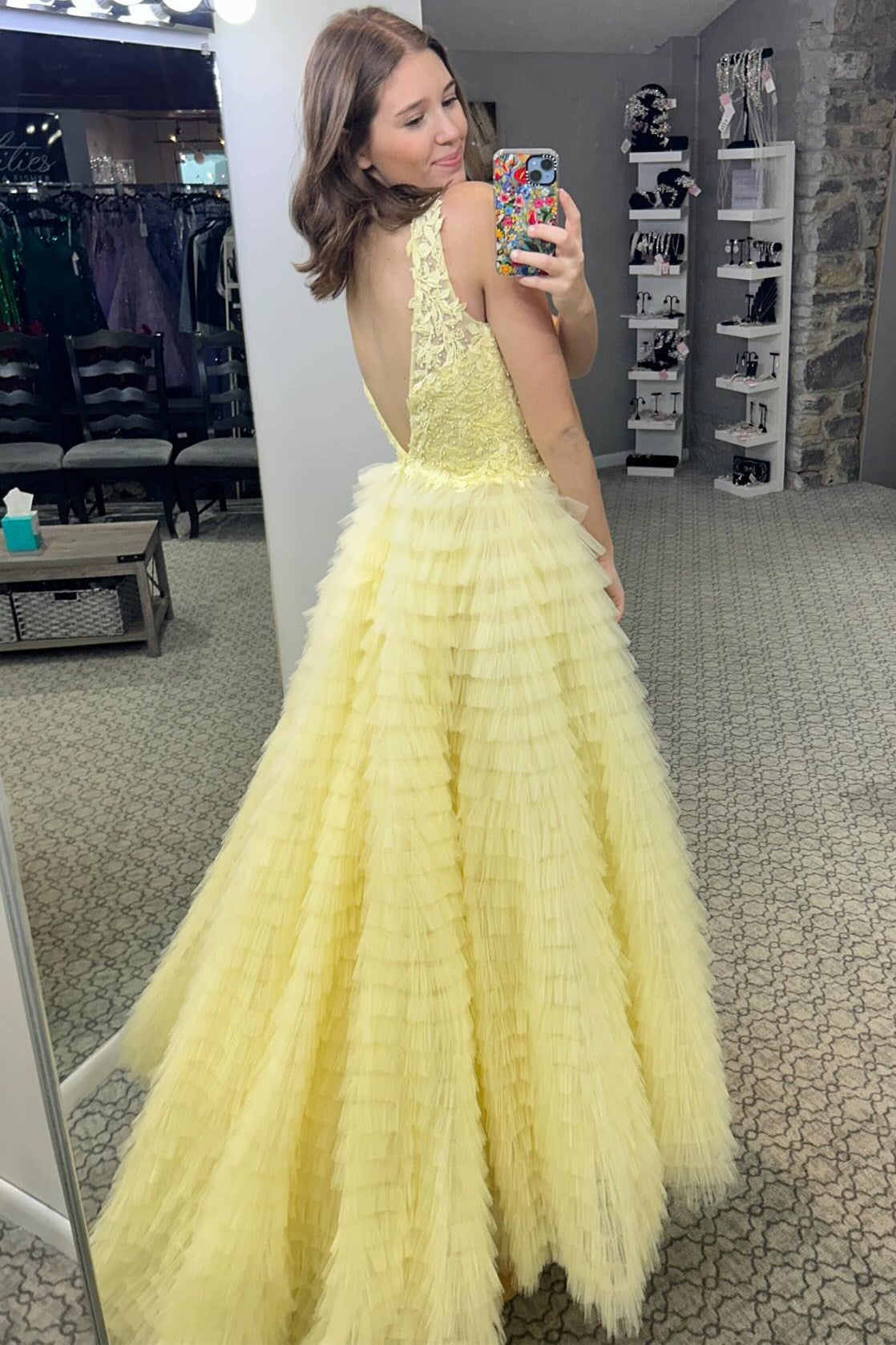 Yellow Plunge V Ruffle Tiered Long Prom Dress with Slit - Prom Dresses - DINIBLO 