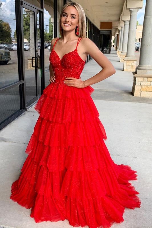 Tiered Ruffle Appliques Corset Long Prom Dress with Spaghetti Straps - Prom Dress - DINIBLO 