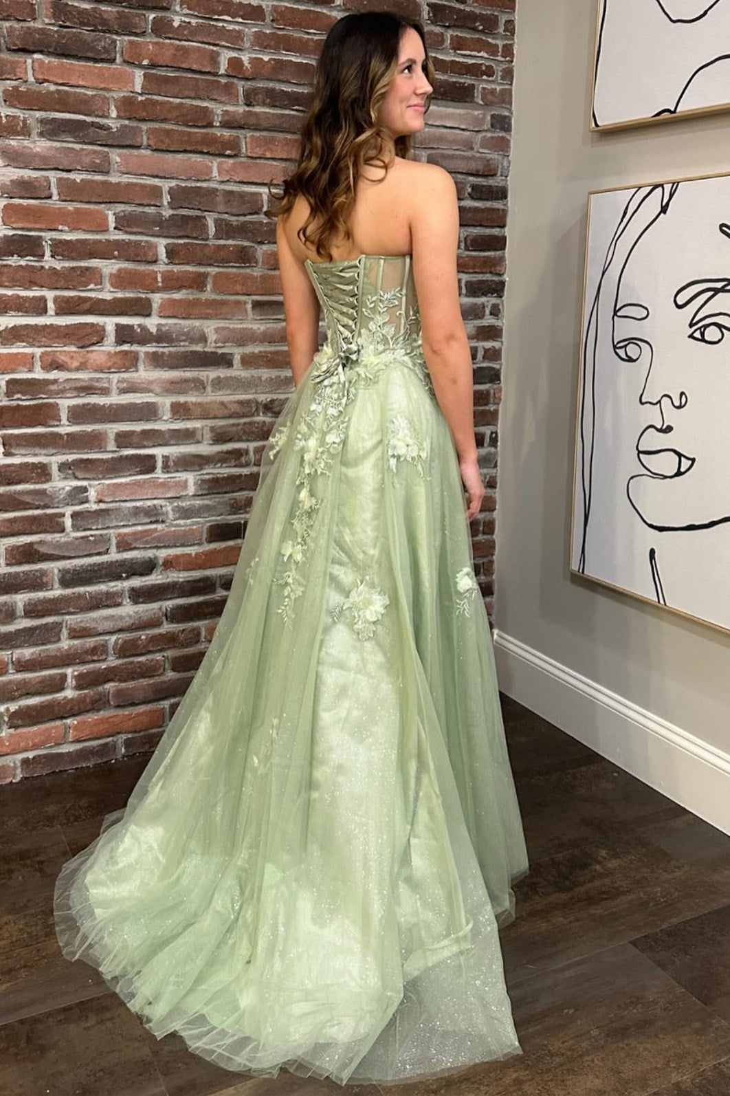 Sage Green Sweetheart Lace-Up Long Prom Dress with 3D Floral Lace - Prom Dress - DINIBLO 