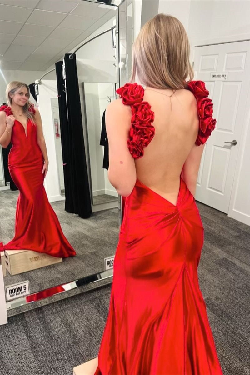 Rosette Plunge V Backless Mermaid Long Gown - Prom Dresses - DINIBLO 