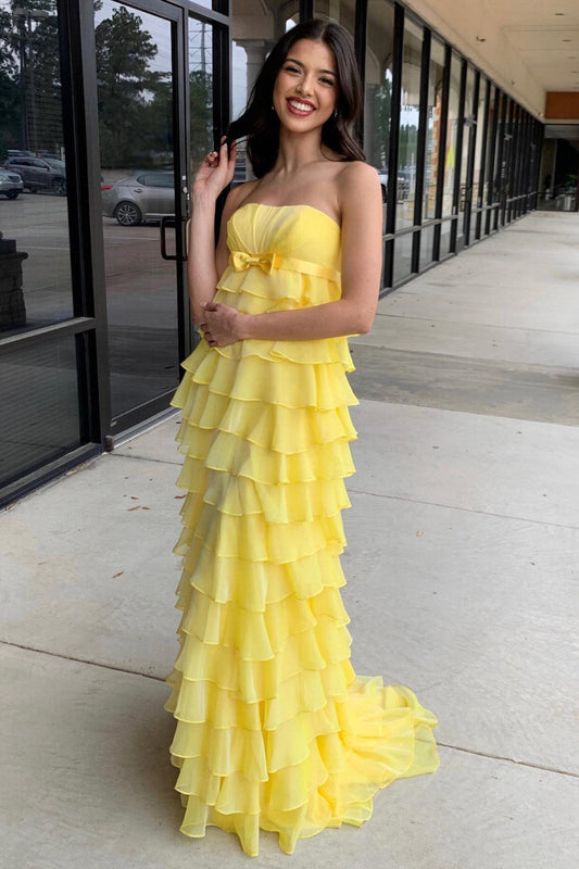 Strapless High-Waist Ruffle Tiered Long Prom Dress with Bow - Prom Dress - DINIBLO 