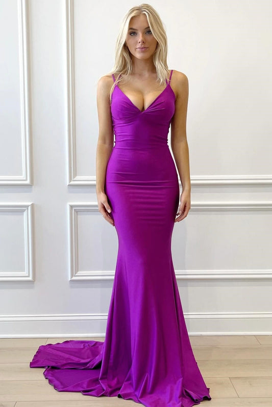 Purple V-Neck Lace-Up Mermaid Long Formal Dress - Prom Dress - DINIBLO 