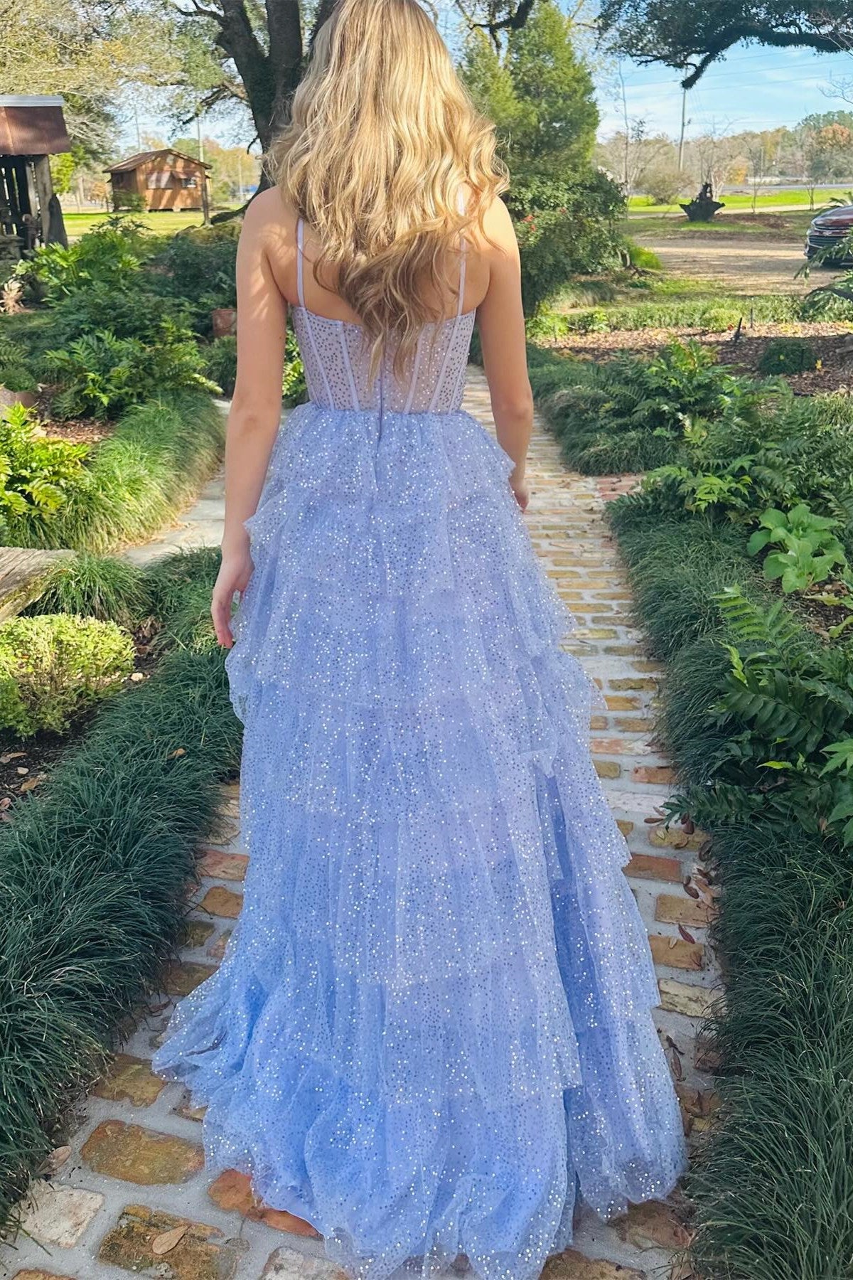 Lavender Tulle Sequin Ruffle Tiered Long Prom Dress - Prom Dress - DINIBLO 