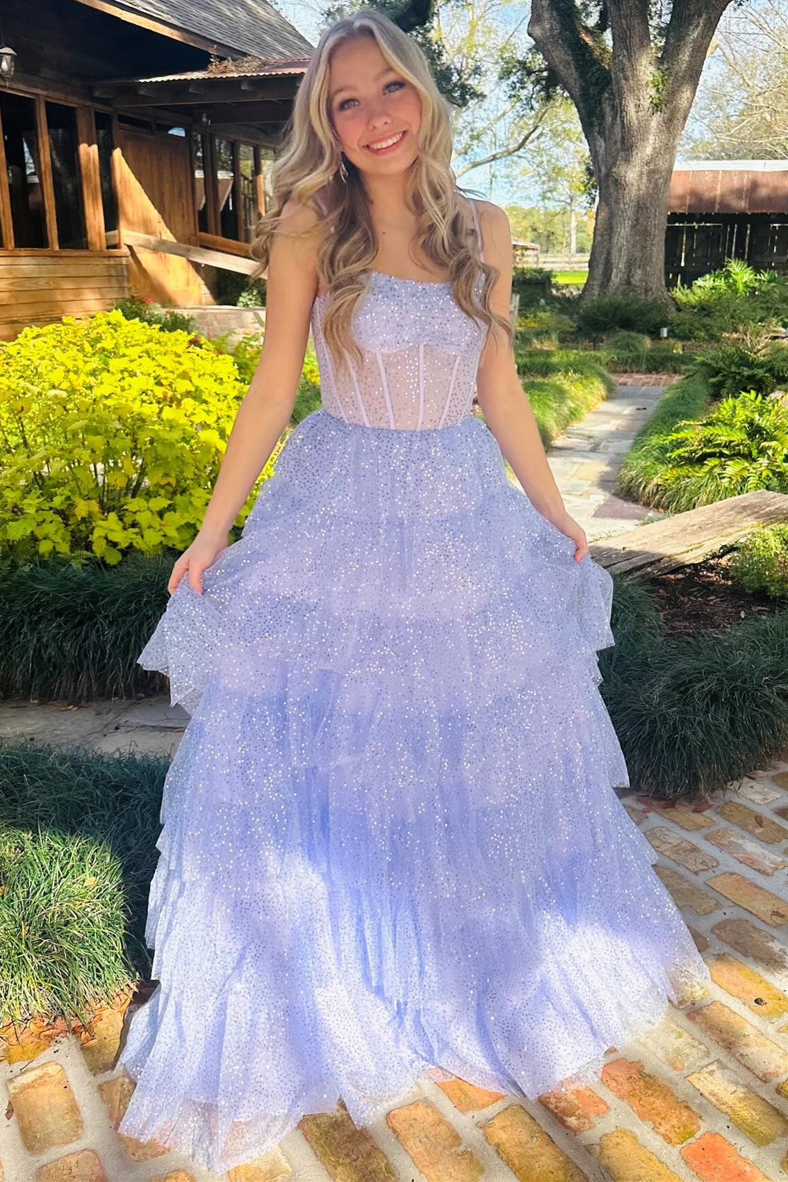 Lavender Tulle Sequin Ruffle Tiered Long Prom Dress - Prom Dress - DINIBLO 