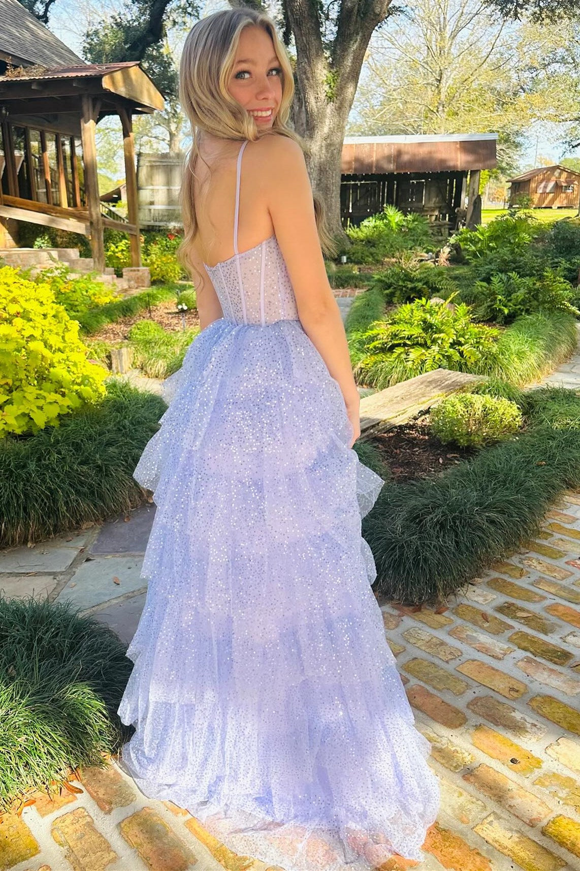 Lavender Tulle Sequin Ruffle Tiered Long Prom Dress - Prom Dress - DINIBLO 