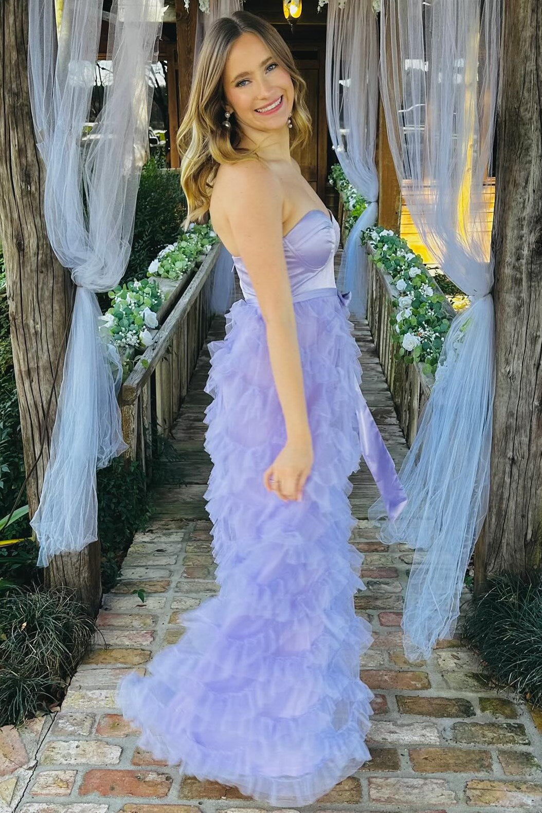 Lavender Sweetheart Bow Belt Ruffle Maxi Dress - Prom Dress - DINIBLO 