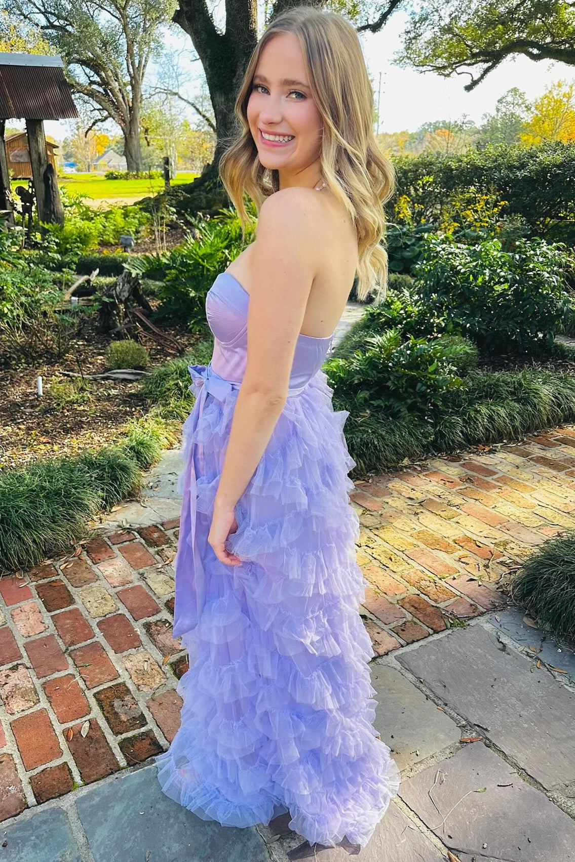 Lavender Sweetheart Bow Belt Ruffle Maxi Dress - Prom Dress - DINIBLO 