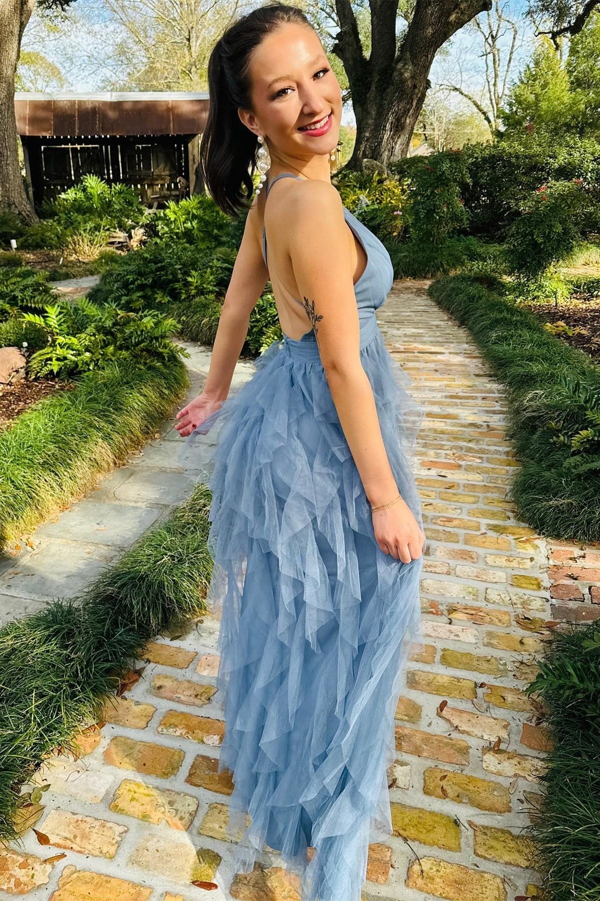 Cross-Back Plunge V Ruffle Maxi Dress in Smoky Blue - Prom Dress - DINIBLO 