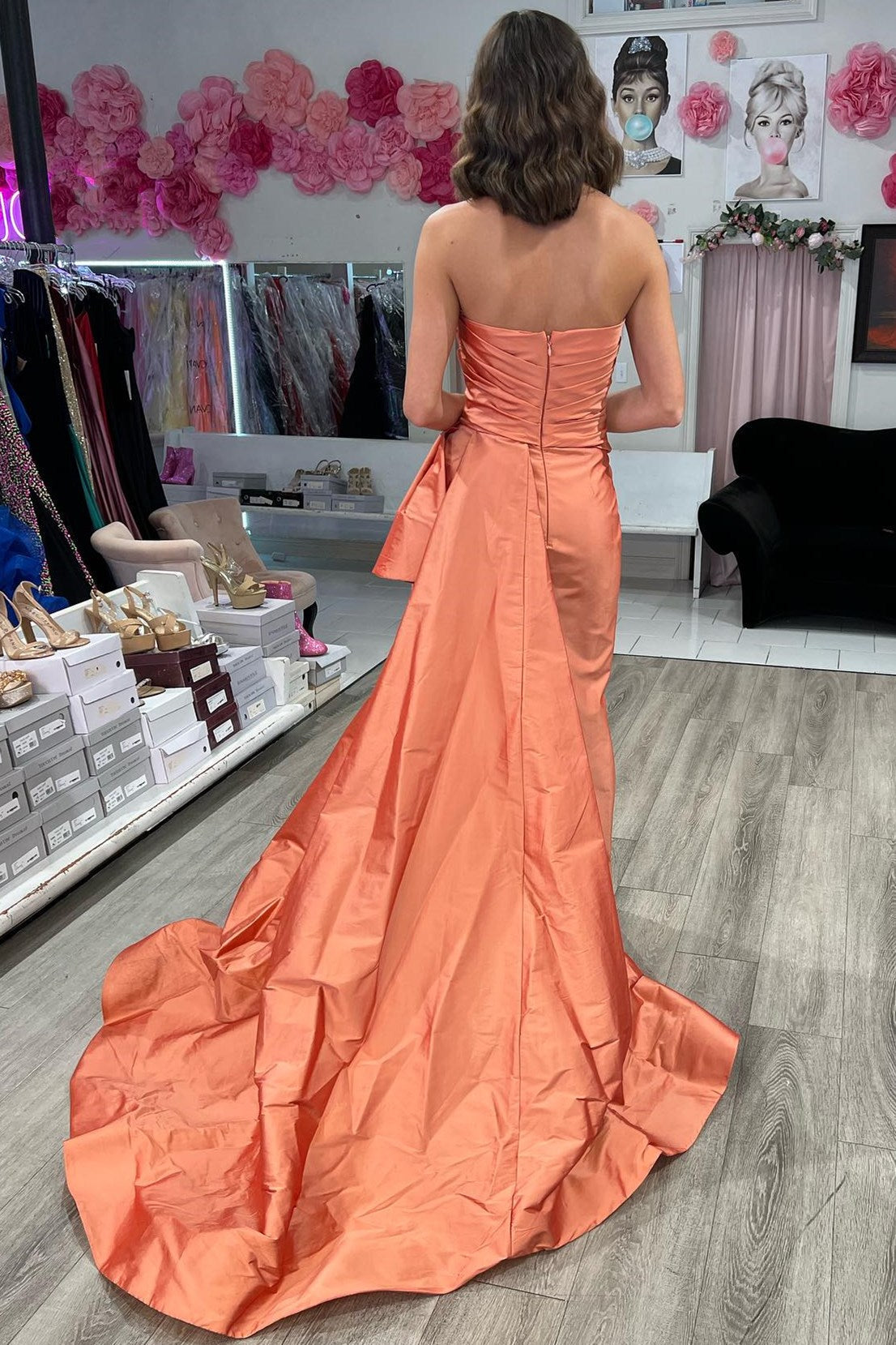 Strapless Ruched Maxi Dress with Attached Train - Prom Dress - DINIBLO 