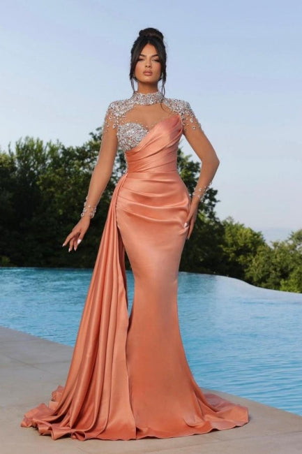 Mermaid Orange Floor-Length High Neck Sweetheart Long Sleeve Prom Dresses with Beadings - Prom Dresses - DINIBLO 